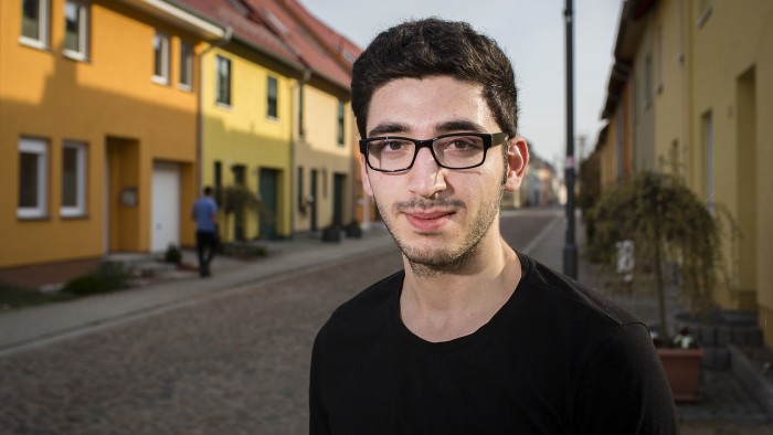 143 - Portrait of 21 year old Abdulaziz Dyab, a syrian refugee from Idlib with Asylumstatus in Frankfurt Oder in front of his house // Portrait des syrischen Flüchtlings und Asylanten Abdulaziz Dyab in Frankfurt / Oder, 5.4.2016; Copyright: Jan Zappner