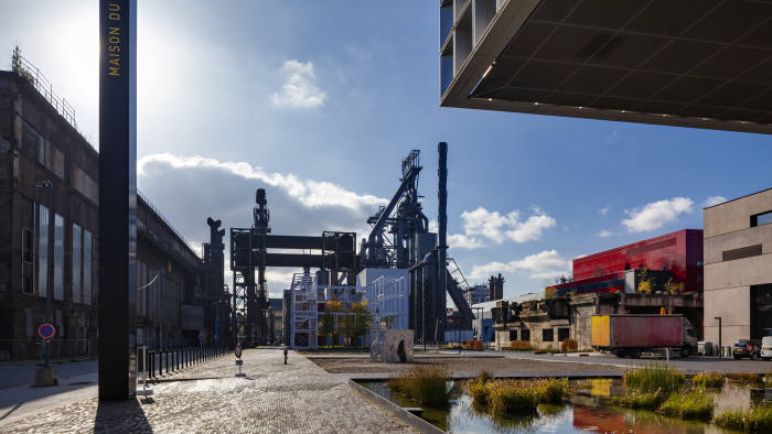 View from the University of Luxembourg to an abandoned blast furnace. The former steel works of Belval, a district of Esch-sur-Alzette, are being converted into a modern city quarter - Belval, Esch-sur-Alzette, Luxembourg