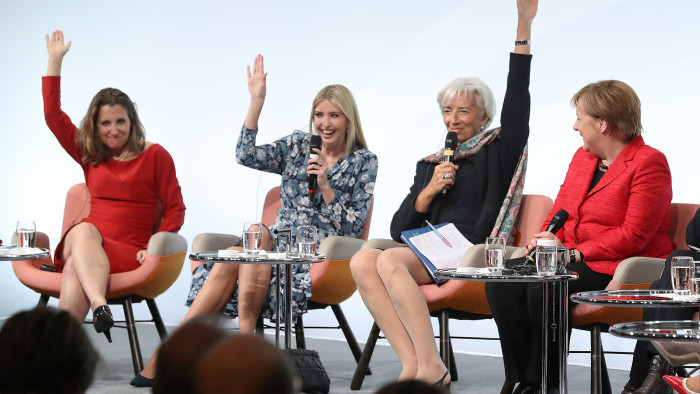 oreign Affairs Chrystia Freeland, Ivanka Trump, daughter of U.S. President Donald Trump, International Monetary Fund (IMF) Managing Director Christine Lagarde and German Chancellor Angela Merkel talk on stage at the W20 conference on April 25, 2017 in Berlin, Germany. The conference, part of a series of events in connection with Germany's leadership of the G20 group of nations this year, focuses on women's empowerment, especially through entrepreneurship and the digital economy. (Photo by Sean Gallup/Getty Images)