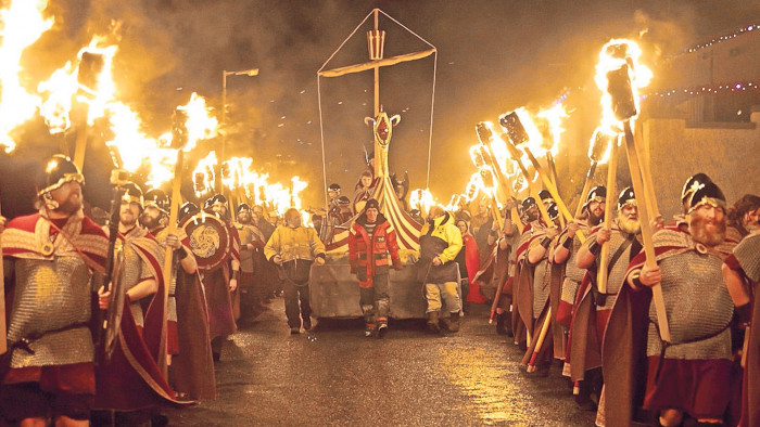 The Scalloway Fire Festival where locals process through the town and set fire to a longship