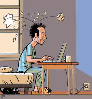 An illustration showing a man in pyjamas tapping at a laptop