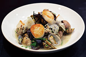 Frumenty with roast scallops, clams, pickled dulse and sea beet