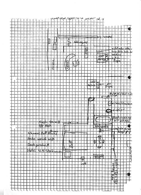 El-Masri’s sketch of the layout of the hotel room during his detention. (El-Masri vs Tenet, Court of Appeals for Fourth Circuit, Exhibit F)