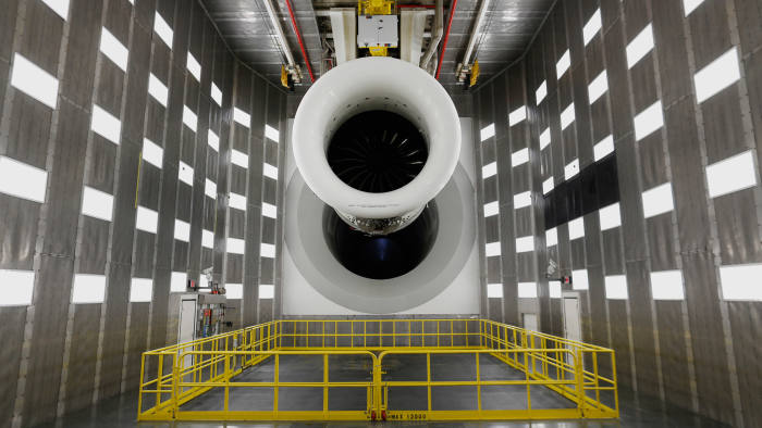 A GEnx-1B commercial jet engine hangs from the ceiling of a test tunnel at the GE Aviation Test Operations facility in Peebles, Ohio, U.S.