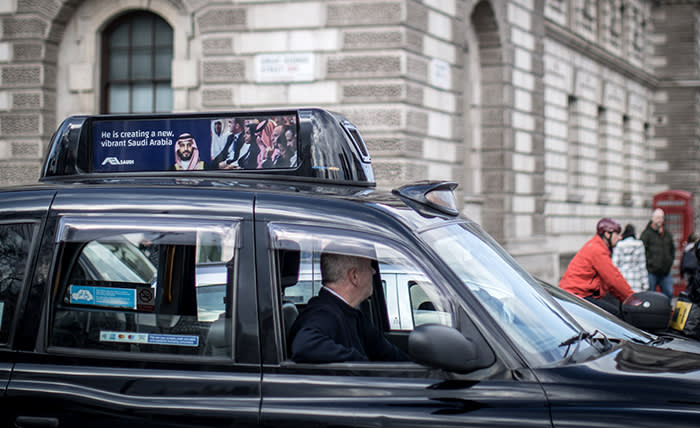 07/03/2018 A taxi carries an advert to celebrate the arrival in London of the Saudi Crown Prince.