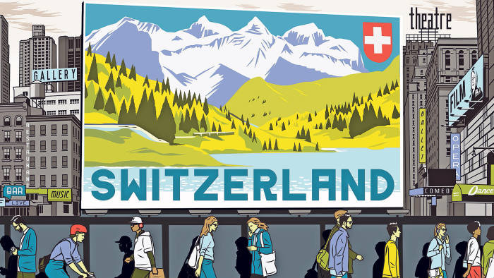 An illustration by Bill Butcher depicting a travel advertisement of Switzerland