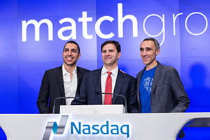 Digital entrepreneurs, left to right, Sean Rad, CEO of Tinder, Greg Blatt, chairman of Match Group and Sam Yagan, CEO of Match Group, celebrate Match.Com’s IPO