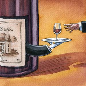 An illustration by Ingram Pinn depicting how the Coravin wine access system preserves the freshness of wine vintages