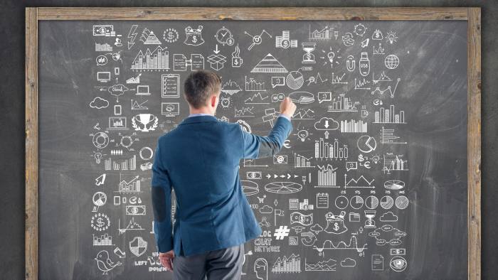 A businessman draws a plan, graph, chart finance elements on a blackboard
