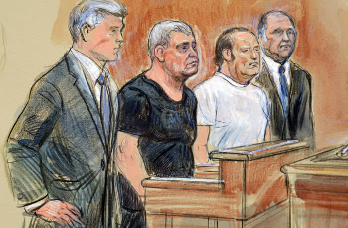 This courtroom sketch depicts from left, attorney Kevin Downing, Lev Parnas, Igor Fruman, and attorney Thomas Zehnle standing before U.S. Judge Michael Nachmanoff, at federal courthouse in Alexandria, Va., Thursday, Oct. 10, 2019. Parnas and Fruman, two Florida businessmen tied to President Donald Trump's lawyer and the Ukraine investigation, were charged with federal campaign finance violations. The charges relate to a $325,000 donation to a group supporting President Donald Trump's reelection. (Dana Verkouteren via AP)