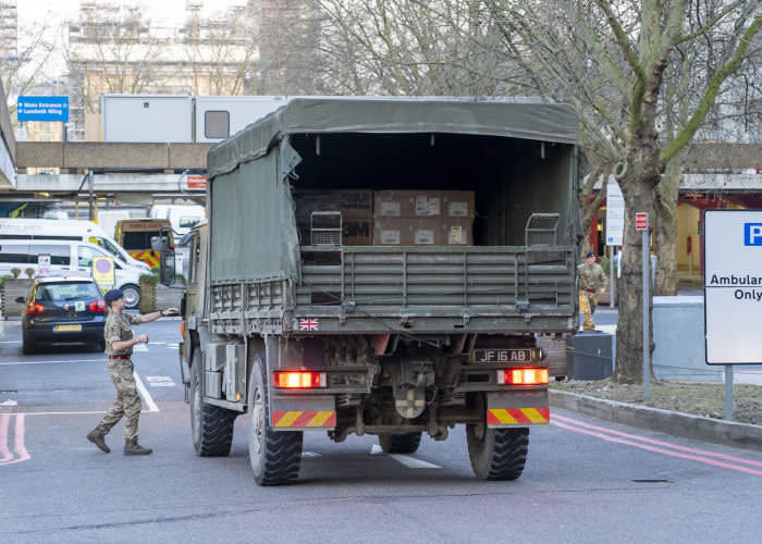 Soldiers from 4 Regiment, Royal Logistic Corps delivered 10,000 protective face masks to St ThomasHospital this morning (24-03-2020). The Personal Protective Equipment was collected from Haydock, near Mersyside last night and driven down to London. The rest of the equipment will be kept outside of London so it can be brought in as required.