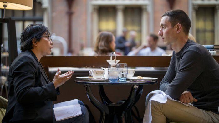 Carol Frasier and Matthias Vandendaele have a conversation as part of Europe Talks face-to-face discussions project at Hansom Lounge in London on May 11, 2019.