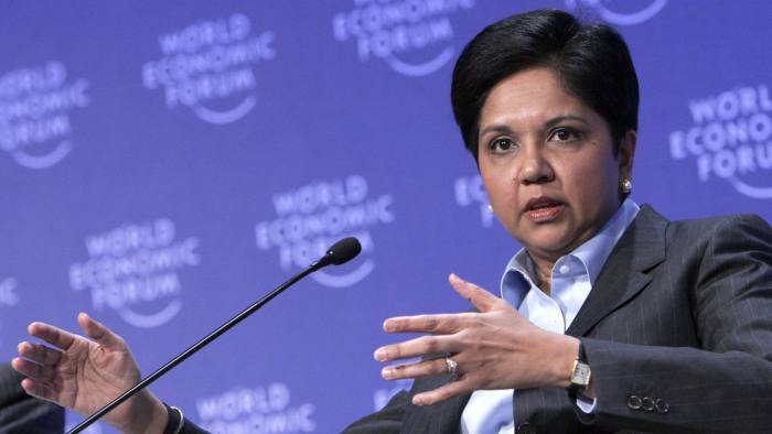 Chairman and CEO, PepsiCo, USA, Indra Nooyi speaks during a session at the World Economic Forum in Davos, Switzerland, Thursday Jan. 29, 2009. Business and world leaders meet for a second day of work and will continue to discuss ways of overcoming the global financial and economic crisis. (AP Photo/Virginia Mayo)
