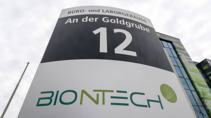 Mandatory Credit: Photo by RONALD WITTEK/EPA-EFE/Shutterstock (10621000e) (FILE) - A view of signage of German biopharmaceutical company BionTech in Mainz, Germany, 18 March 2020 (reissued 22 April 2020). Reports on 22 April 2020 state the German regulatory body Paul-Ehrlich-Institute in a statement said they have authorized the first clinical trial of a vaccine against COVID-19 in Germany, developed by Biontech and US-based Pfizer. The Paul-Ehrlich-Institute also said 'it is a result of a careful assessment of the potential risk/benefit profile of the vaccine candidate.' Vaccine manufacturer BionTech in Mainz, Germany - 18 Mar 2020