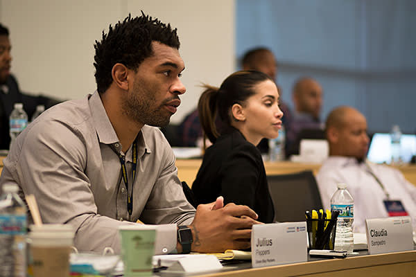 Julius Peppers, an outside linebacker for the Green Bay Packers, in class at the Ross M Business School at the University of Michigan. Ann Arbor, MI.