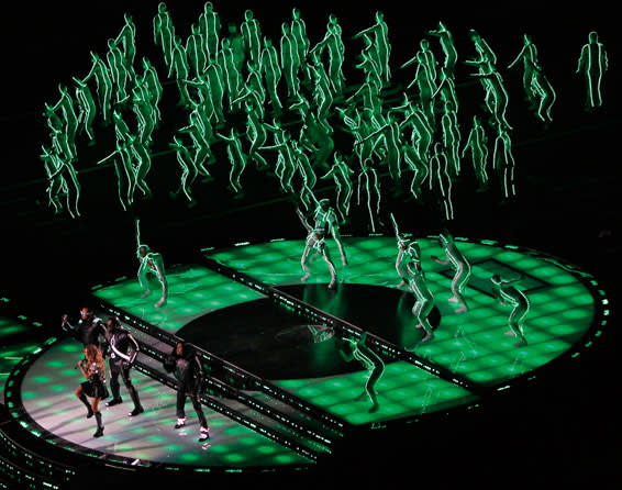 Will.i.am performing live with the Black Eyed Peas in the half-time show at the 2011 Super Bowl in Texas