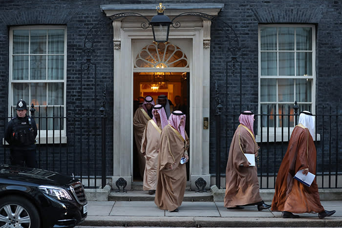 Members of Saudi Arabia's Crown Prince Mohammed bin Salman's delegation leave 10 Downing Street, in central London on March 7, 2018. British Prime Minister Theresa May will "raise deep concerns at the humanitarian situation" in war-torn Yemen with Saudi Crown Prince Mohammed bin Salman during his visit to Britain beginning Wednesday, according to her spokesman. / AFP PHOTO / DANIEL LEAL-OLIVASDANIEL LEAL-OLIVAS/AFP/Getty Images