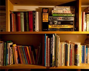 Bookshelves in the living area of Professor Sir Edwin Southern