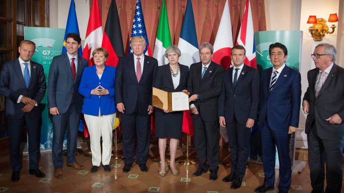 Trump with world leaders at the G7 summit on May 26 2017, Taormina, Italy