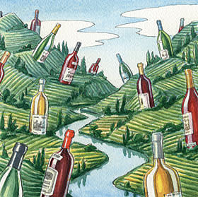 An ilustration by Ingram Pinn depicting Napa Valley wines