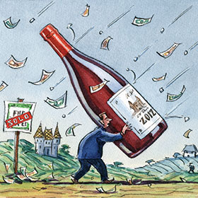 An illustration by Ingram Pinn depicting a man carrying a large bottle of burgundy 2012 wine