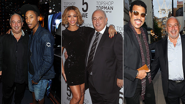 Philip Green with from left, Pharrell Williams, Monte Carlo, 2010; Beyoncé, New York, November 2014;  Lionel Richie, London, June this year