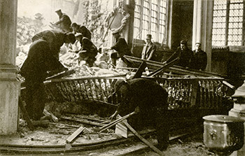 The damaged All Hallows by the Tower church after a bomb fell on the East Wall in 1940