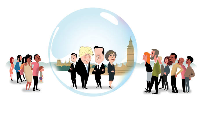 Illustration by Luis Grañena of UK politicians inside a bubble