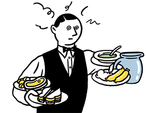 Illustration by Pete Gamlen of a waiter carrying too many food