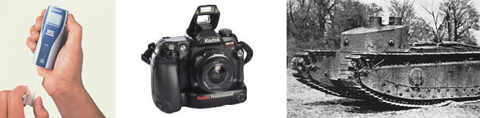 Ideas that got stuck: Sony's Memory Stick Walkman; a Kodak SLR digital camera (Alamy); a Medium-D tank