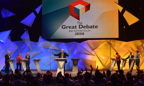 David Dimbleby, Boris Johnson MP, Gisela Stuart MP, Andrea Leadsom MP, Sadiq Khan, Ruth Davidson MSP and Frances O’Grady TUC take part in the BBC Great Debate at the Wembley Arena, London, Britain, June 21, 2016. Jeff Overs/Courtesy of the BBC/Handout via REUTERS. ATTENTION EDITORS - THIS IMAGE HAS BEEN SUPPLIED BY A THIRD PARTY. FOR EDITORIAL USE ONLY. NO RESALES. NO ARCHIVES.