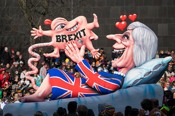 DUSSELDORF, GERMANY - FEBRUARY 12: A float featuring Prime Minister Theresa May is seen during the annual Rose Monday parade on February 12, 2018 in Dusseldorf, Germany. Political satire is a traditional cornerstone of the annual parades. (Photo by Lukas Schulze/Getty Images,)
