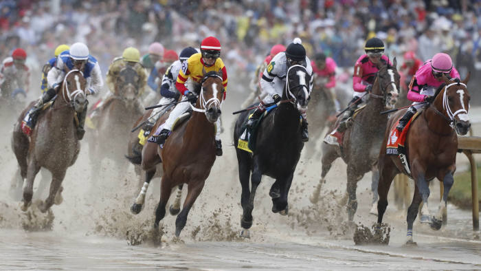 May 4, 2019; Louisville, KY, USA; Chris Landeros aboard Bodexpress (21) , Jon Court aboard Long Range Toddy (18) and Luis Saez aboard Maximum Security (7) race into the first turn during the 145th running of the Kentucky Derby at Churchill Downs. Mandatory Credit: Brian Spurlock-USA TODAY Sports - 12644850