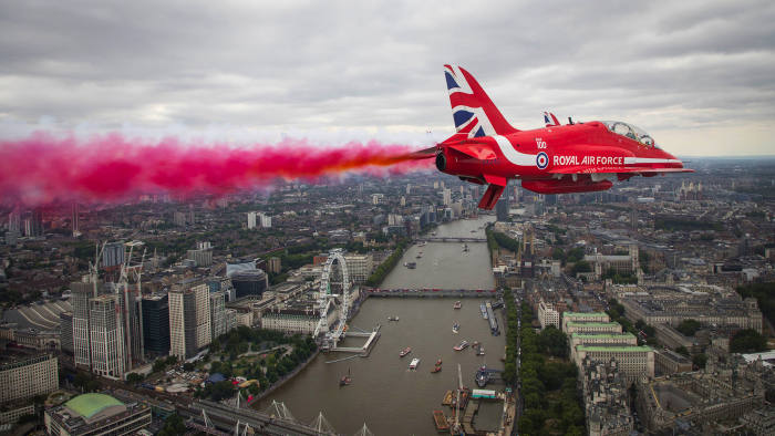 Ministry of Defence handout photo of the Red Arrows flying over central London as they take part in the Royal Air Force flypast over central London to mark the centenary of the RAF. PRESS ASSOCIATION Photo. Picture date: Tuesday July 10, 2018. See PA story DEFENCE RAF100. Photo credit should read: SAC Rose Buchanan RAF/PA Wire NOTE TO EDITORS: This handout photo may only be used in for editorial reporting purposes for the contemporaneous illustration of events, things or the people in the image or facts mentioned in the caption. Reuse of the picture may require further permission from the copyright holder.