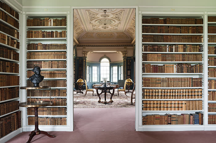 View from the book room to the library at Wimpole Hall, Cambridgeshire. The Book Room was created by John Soane in 1806 by annexing part of the greenhouse.
