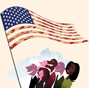 Illustration by Luis Grañena of Americans looking at US flag