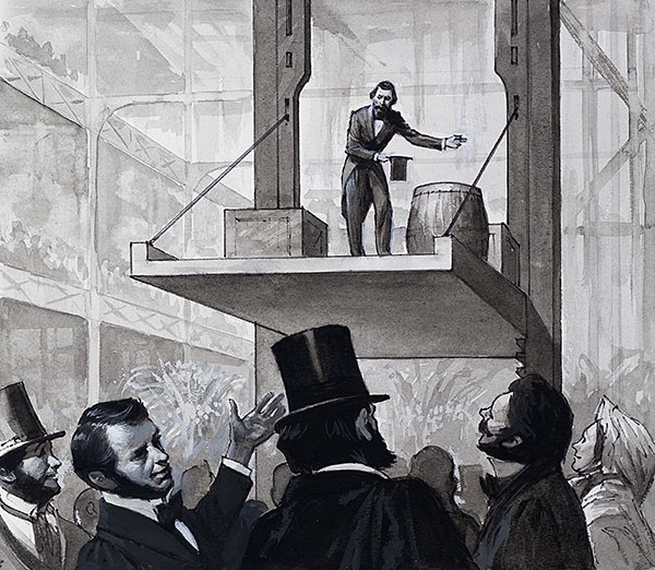 Elisha Otis demonstrates his safety lift at New York’s World Fair in 1854