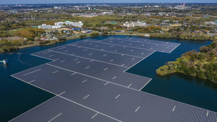 ICHIHARA, JAPAN - APRIL 16: A general view of the Yamakura Dam floating solar plant on April 16, 2019 in Ichihara, Japan. Activated in March 2018 and the largest power plant of its type in Japan, the solar plant was constructed on the surface of Yamakura Dam reservoir and covers over 44 acres of surface area with 50,904 solar modules generating approximately 16,170 megawatt hours (MWh) per year - enough electricity to power approximately 4,970 typical households. (Photo by Carl Court/Getty Images)