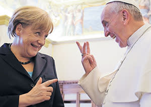 Pope Francis with German chancellor Angela Merkel during an audience at the Vatican in May last year
