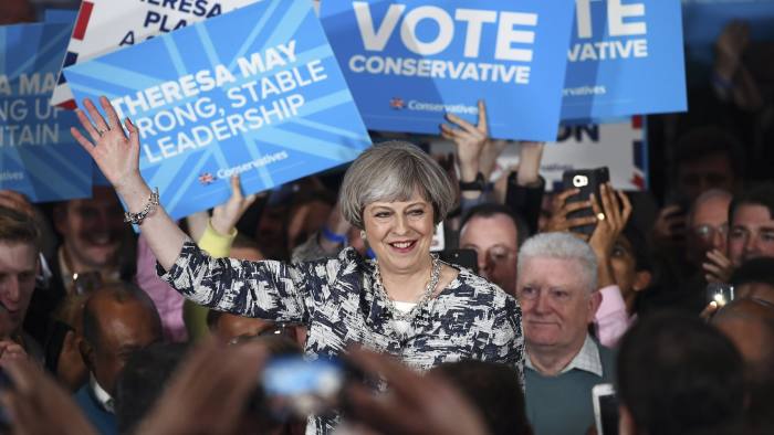 SOLIHULL, UNITED KINGDOM - JUNE 07: Prime Minister Theresa May speaks during her last campaign visit at the National Conference Centre on June 7, 2017 in Solihull, United Kingdom. Britain goes to the polls tomorrow to vote in a general election. (Photo by Carl Court/Getty Images)