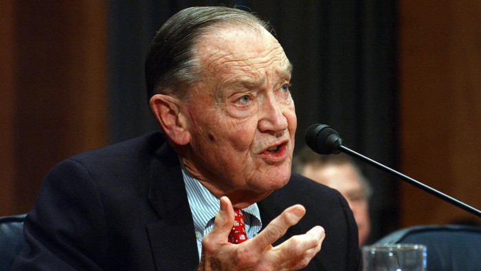 Vanguard Group founder John Bogle testifies before the Senate Governmental Affairs financial subcommittee in Washington DC on Tuesday, January 27, 2004. New York Attorney General Eliot Spitzer told lawmakers he will continue to demand fee cuts in settlements of
mutual fund cases as the $7.2 trillion industry resists calls for an overhaul of how it sets fees. Photographer: Ken Cedeno/Bloomberg News
