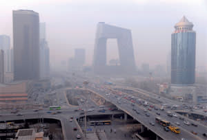 Morning smog in central Beijing