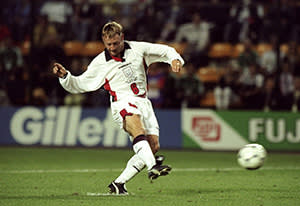 David Batty of England fails to convert his crucial penalty in the shootout during the World Cup second round match against Argentina at the Stade Geoffroy Guichard in St Etienne, France in June 1998