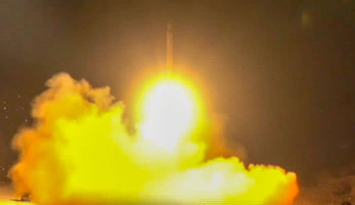 An image grab from footage obtained from the state-run Iran Press news agency on January 8, 2020 allegedly shows rockets launched from the Islamic republic against the US military base in Ein-al Asad in Iraq the prevous night. - Iran fired "more than a dozen" ballistic missiles, against two airbases in Iraq where US and coalition forces are based, the Pentagon said. "At approximately 5.30 pm (2230 GMT) on January 7, Iran launched more than a dozen ballistic missiles against US military and coalition forces in Iraq," Assistant to the Secretary of Defense for Public Affairs Jonathan Hoffman said in a statement. (Photo by - / IRAN PRESS / AFP) / RESTRICTED TO EDITORIAL USE - MANDATORY CREDIT - AFP PHOTO / HO / IRAN PRESS NO MARKETING NO ADVERTISING CAMPAIGNS - DISTRIBUTED AS A SERVICE TO CLIENTS FROM ALTERNATIVE SOURCES, AFP IS NOT RESPONSIBLE FOR ANY DIGITAL ALTERATIONS TO THE PICTURE'S EDITORIAL CONTENT, DATE AND LOCATION WHICH CANNOT BE INDEPENDENTLY VERIFIED - NO RESALE - NO ACCESS ISRAEL MEDIA/PERSIAN LANGUAGE TV STATIONS/ OUTSIDE IRAN/ STRICTLY NI ACCESS BBC PERSIAN/ VOA PERSIAN/ MANOTO-1 TV/ IRAN INTERNATIONAL / (Photo by -/IRAN PRESS/AFP via Getty Images)