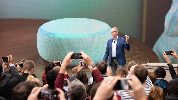 Dave Limp, senior vice president of Amazon devices, announces the new Echo Dot at The Spheres in Seattle on September 20, 2018. - Amazon weaves its Alexa digital assistant into more services and devices as it unveiles new products powered by artificial intelligence including a smart microwave and dash-mounted car gadget. (Photo by Grant HINDSLEY / AFP) (Photo credit should read GRANT HINDSLEY/AFP/Getty Images)