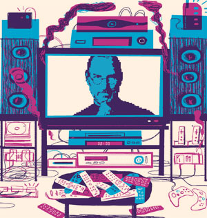 an illustration of Steve Jobs in a TV entertainment system