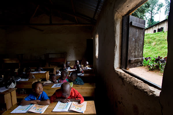 Pupils in an English class in Rwanda, where English replaced French in 2008 as the official language of instruction in schools