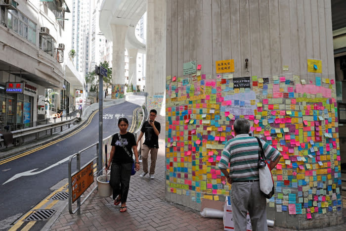 Memos and notices are seen on "Lennon Walls" by anti-extradition bill protesters at Sai Ying Pun in Hong Kong, China July 12, 2019. Picture taken July 12, 2019. REUTERS/Tyrone Siu - RC1EE8202970