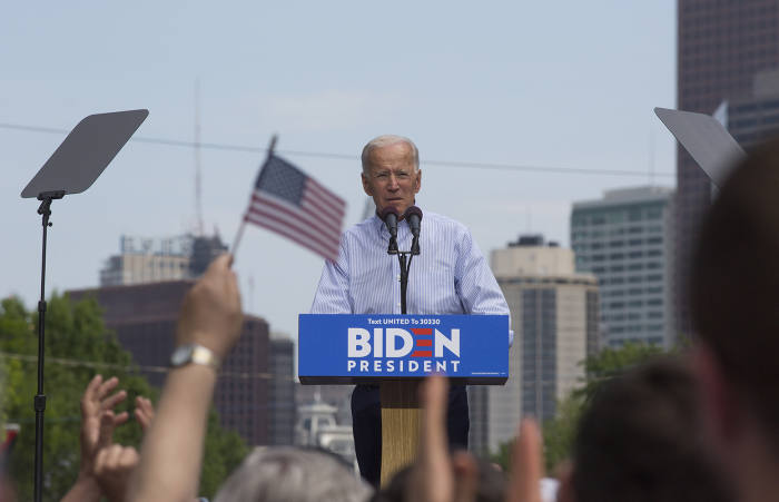 Former vice-president Joe Biden at a rally in Philadelphia to kick off his third presidential run. Biden is currently the Democratic frontrunner, with even his tendency to make gaffes seen as a sign of his ‘authenticity’ in contrast to Harris’s cautiously scripted pronouncements