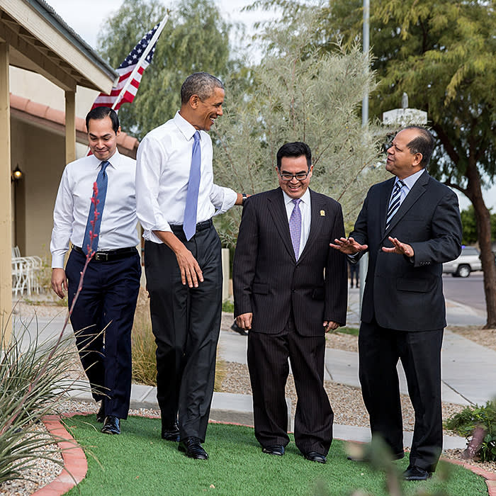 President Barack Obama walks with Secretary of Housing and Urban Development Juli‡n Castro, CPLC CEO Edmundo Hidalgo, and David Adame, CPLC, second right, after visiting a model home at the Nueva Villas at Beverly, a single-family housing development, which is owned by local nonprofit organization Chicanos Por La Causa Inc. (CPLC), in Phoenix, Arizona, Jan. 8, 2014. (Official White House Photo by Lawrence Jackson) This photograph is provided by THE WHITE HOUSE as a courtesy and may be printed by the subject(s) in the photograph for personal use only. The photograph may not be manipulated in any way and may not otherwise be reproduced, disseminated or broadcast, without the written permission of the White House Photo Office